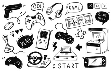 Video game hand drawn doodle set. Video gamer console, joystick, controller element. Computer retro, arcade play background. Vector illustration.