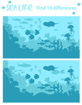 The submarine explores the depths of the sea. Marine life swims at the bottom of the sea.
  Find 10 differences. Educational game for children. Cartoon vector illustration