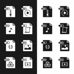 Set JS file document, MP3, ZIP, GIF, JPG, MP4 and 3DS icon. Vector