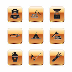Set Rafting boat, Canteen water bottle, Burning match with fire, Tourist tent flag, Flashlight, Open matchbox and matches, and Wooden axe wood icon. Vector