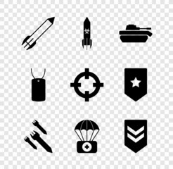 Set Rocket, Biohazard rocket, Military tank, Parachute with first aid kit, Chevron, dog tag and Target sport icon. Vector