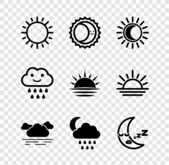 Set Sun, Eclipse of the sun, Cloud, with rain and moon, Moon icon, and Sunset icon. Vector