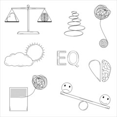 Hand drawn set of elements of emotional balance. Harmony between the heart and mind. Putting thoughts in order. Doodle style. Sketch. Vector illustration
