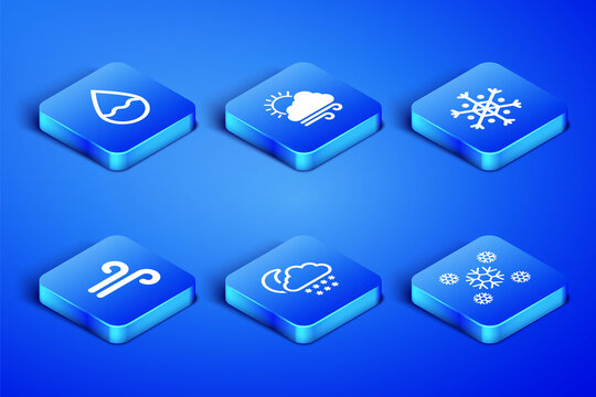 Set Snow, Water drop, Cloud with snow and moon, Wind, Windy weather and Snowflake icon. Vector