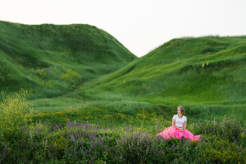 Fototapeta na wymiar The girl in a flower field in a country. Princess in a summer pink dress sits on the green grass in mountains.