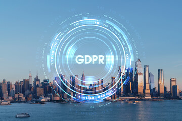 New York City skyline from New Jersey over Hudson River with Hudson Yards skyscrapers at sunset. Manhattan, Midtown. GDPR hologram, concept of data protection, regulation, privacy for all individuals
