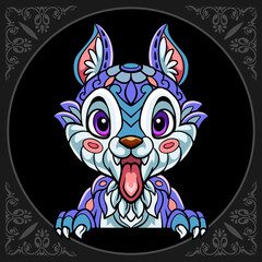 Colorful cute rabbit cartoon zentangle arts. isolated on black background.