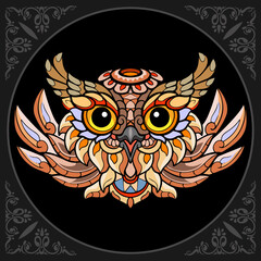 Colorful cute owl head cartoon zentangle arts. isolated on black background.