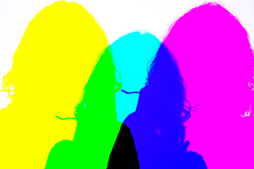 multi-colored silhouette of a girl with long hair on a white background. Concept background.