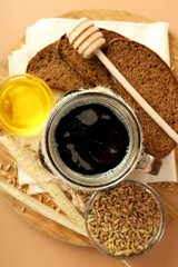 Concept of fresh drink, kvass, top view