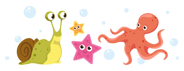 Set of multicolored marine inhabitants in cartoon style. Vector illustration of charming characters snail, starfish, octopus with bubbles around.