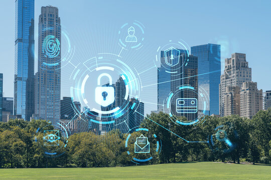 Green Lawn At Central Park And Midtown Manhattan Skyline Skyscrapers At Day Time, New York City, USA. The Concept Of Cyber Security To Protect Confidential Information, Padlock Hologram