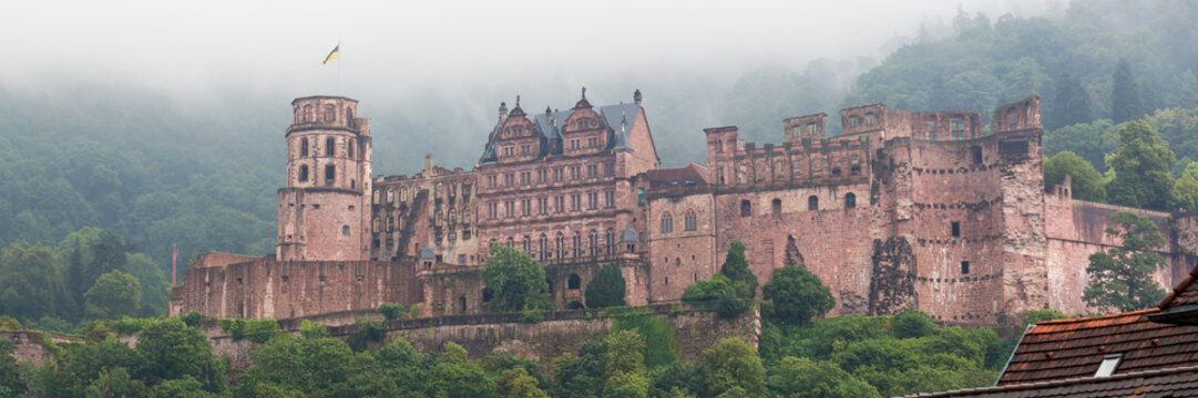 Panorama of Heidelberg Palace with fog. Romantic and mysterious castle.