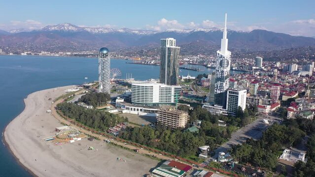 Aerial panoramic image of beautiful Batumi made with drone. The capital of Adjara, Georgia