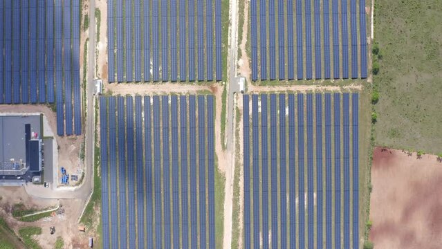El Soco solar photovoltaic park of San Pedro De Macoris in Dominican Republic. Aerial top down view