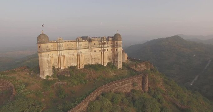 A fast panoramic aerial view of 15th Century Hill Fort of Kumbhalgarh in Rajasthan