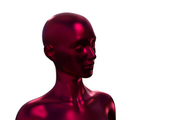 3D render portrait of a red bald woman on a white background.