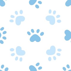 Blue cat seamless pattern. Meow and cat paws background vector illustration. Cute cartoon pastel character for nursery girl baby print.