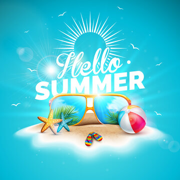 Vector Hello Summer Holiday Illustration with Typography Letter and Sunglasses on Ocean Blue Background. Tropical Plants and Beach Ball on Paradise Island for Banner, Flyer, Invitation, Brochure
