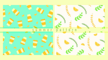Summer seamless pattern set with tea cup, lemon and plants. Background with blue and white colours.