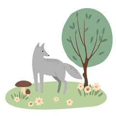 wolf woodland animal illustration, forest vector clipart, sublimation designs images, baby shower clip art