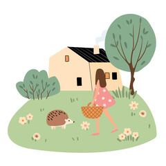 Obraz na płótnie Canvas hedgehog woodland animals and girl illustration, forest house vector clipart, sublimation designs images, baby shower clip art
