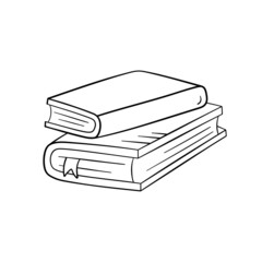 Book in doodle style, vector illustration. Icon of book stack with ribbon for print and design. Isolated element on a white background. Back to school concept, hand drawn graphic sketch.