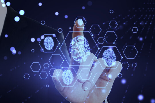 Close up of businessman hand pointing at creative digital fingerprint hologram on dark background with lines. Cyber datanase and access concept. Double exposure.