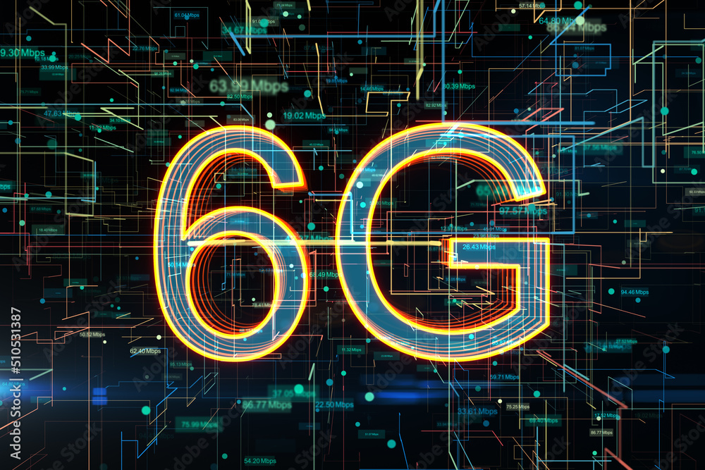 Poster Front view on 6G digital glowing symbols on abstract technological background with speed indicators, 6G network wireless internet connection and communication network concept. 3D rendering
