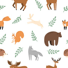 Obraz premium woodland animals seamless pattern, forest digital paper, vector cute nursery background clipart, moose, elk, fox, deer, wolf, hare, rabbit, hedgehog, squirrel, bear