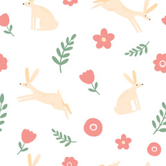 woodland animals hare, rabbit with flowers and leaves seamless pattern, forest digital paper, vector cute nursery background clipart