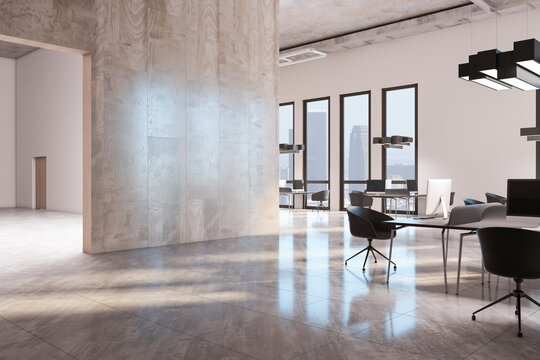 Perspective view on light wooden wall in spacious coworking office with black furniture, city view from windows, high ceiling and glossy floor. 3D rendering