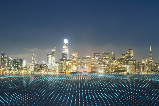 Wireless connection, IOT and smart city concept with abstract digital dotted waves cover river on night illuminated city skyline background.