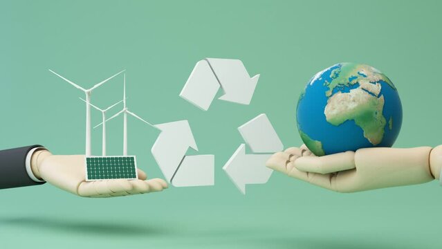 Clean energy concept on World Environment Day or International Day of Forests concept: wooden cartoon hands holding tree and earth globe with windmill on pastel background. 3d rendering animation