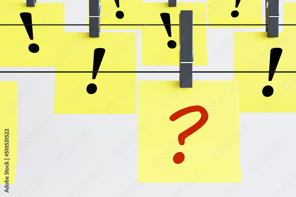 Poster Creative yellow papers with question and exclamation marks hanging on ropes. Solution and answer concept. 3D Rendering.