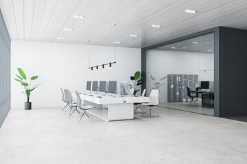 Bright concrete meeting room interior with furniture and equipment. 3D Rendering.