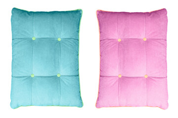 Two pillow isolated on white background with clipping path. Close-up of blue and pink pillow isolated on a white background. Pillow for sleeping.