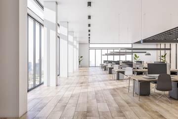 Spacious sunlit coworking office with wooden work tables and floor, black stylish lamps on light ceiling and city view from panoramic windows. 3D rendering