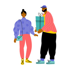 A man giving a woman a big gift.  Character with a holiday box. Simple vector flat illustration with people and a present