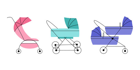 Set of different baby prams on white background.  Carriage, buggy, and stroller for twins.  Transportation of children. Vector flat illustration