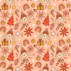 Christmas seamless pattern on pink background. Cute rabbits and boho elements. Merry Christmas and Happy New Year - Year of the Rabbit 2023.