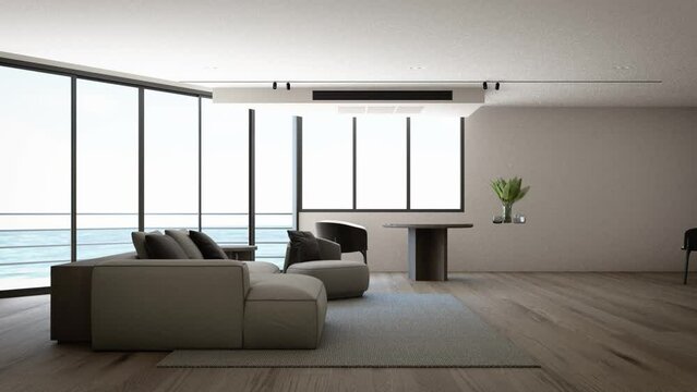 build up of the apartment in dark tones and minimal style. With dark wood materials and gray upholstered furniture with large windows and sheer curtains. living area. 3d rendering animation