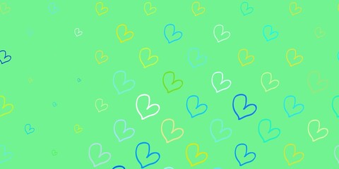 Light Blue, Yellow vector pattern with colorful hearts.