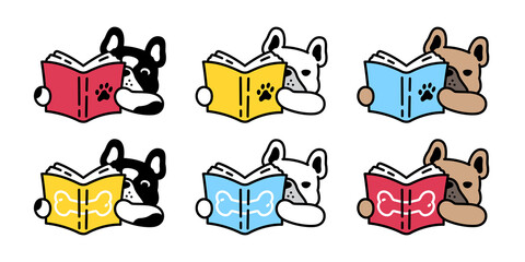 dog vector french bulldog icon book reading bone puppy character cartoon pet symbol isolated tattoo stamp clip art illustration design - obrazy, fototapety, plakaty