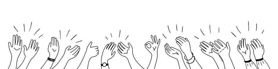 Fotobehang Applause hands set on doodle style. Human hands sketch, scribble arms wave clapping on white background, thumb up gesture silhouette, vector illustration © Ekaterina Mikhailova
