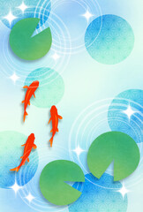 暑中見舞い、金魚とスイレンの葉、文字なし