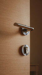 Fototapeta Modern metallic door handle on medium density fiberboard bedroom door obraz