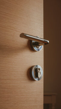 Modern metallic door handle on medium density fiberboard bedroom door