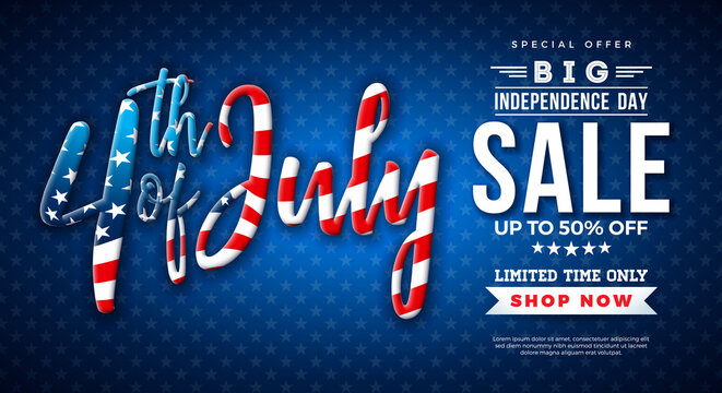 Fourth of July. Independence Day Sale Banner Design with American Flag Pattern 3d Lettering on Blue Background. USA National Holiday Vector Illustration with Special Offer Typography Elements for