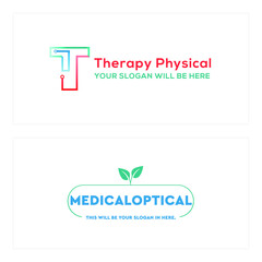 Vector illustration of medical therapy logo design template with initial letter T and medical optical leaf plant nature flat line art